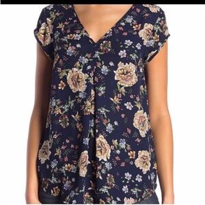 Halogen double V Neck floral cap sleeve blouse navy blue xxl